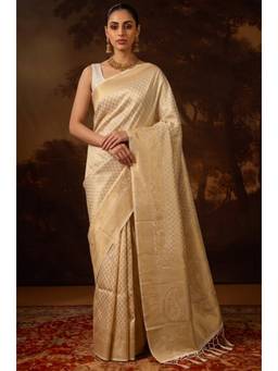 LABEL AARNA - Cream Kanjivaram Woven Silk Saree