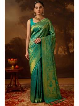 LABEL AARNA - Emerald Green Kanjivaram Woven Silk Saree