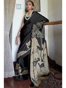 LABEL AARNA - Deep Black Linear Muse Digital Print Modal Satin Saree