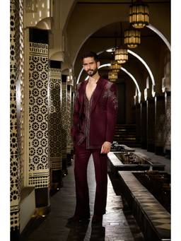 CONTRAST BY PARTH - Garnet Short Burgundy Jacket with Kurta and Trousers