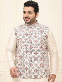 SOJANYA - Plus Men's Cotton Linen Cream and Multi Printed Only Nehru Jacket