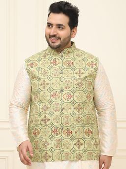 SOJANYA - Plus Men's Cotton Linen Pista Green and Multi Printed Only Nehru Jacket