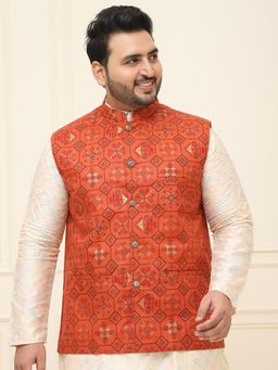 SOJANYA - Plus Men's Cotton Linen Orange and Multi Printed Only Nehru Jacket