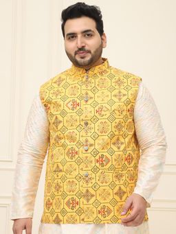 SOJANYA - Plus Men's Cotton Linen Yellow and Multi Printed Only Nehru Jacket