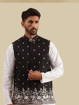 SOJANYA - Men's Silk Blend Exquisite Daman Embroidered Black Nehru Jacket