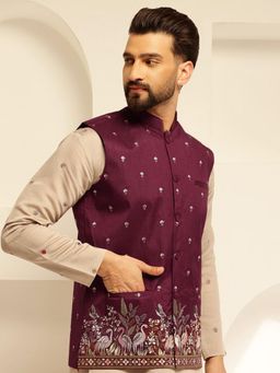SOJANYA - Men's Silk Blend Exquisite Daman Embroidered Maroon Nehru Jacket