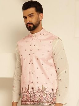 SOJANYA - Men's Silk Blend Exquisite Daman Embroidered Pink Nehru Jacket