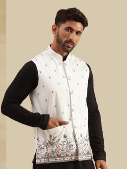 SOJANYA - Men's Silk Blend Exquisite Daman Embroidered White Nehru Jacket