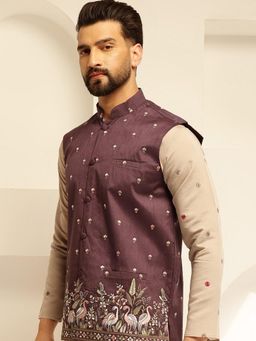 SOJANYA - Men's Silk Blend Exquisite Daman Embroidered Wine Nehru Jacket