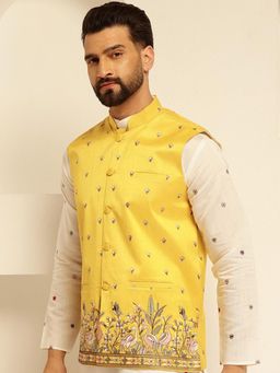 SOJANYA - Men's Silk Blend Exquisite Daman Embroidered Yellow Nehru Jacket