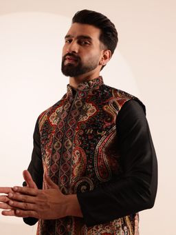 SOJANYA - Men's Velvet Black and Beige Nehru Jacket with Paisley Print
