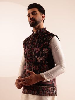 SOJANYA - Men's Velvet Black Nehru Jacket with Paisley Print