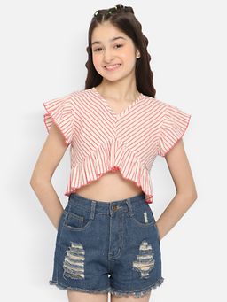 Natilene - Girls Off White - Red Striped V Neck Blouson Top