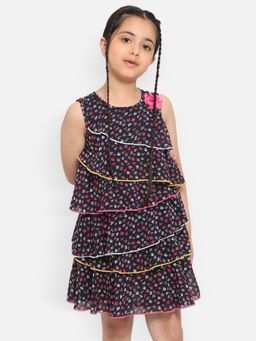 Nautinati - Girls Multicolor Floral Printed Layered Georgete A-line Dress