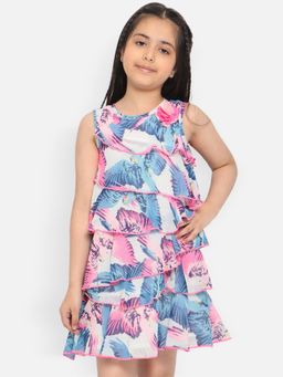 Nautinati - Girls Blue-pink Eagle Printed Layered Georgete A-line Dress