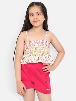 Nautinati - Girls Beige-pink Floral Printed Smocked Top With Shorts (Set of 2)