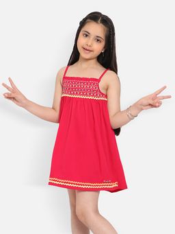 Nautinati - Girls Pink Embroidered Shoulder Strap Crepe A Line Dress