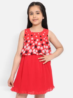 Nautinati - Girls Red White Polka Printed Layered Georgete A-line Dress