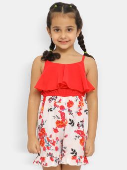 Nautinati - Girls Floral Printed Shoulder Straps Ruffles Playsuit Jumpsuit