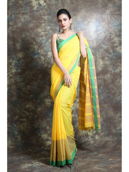 Arhi - Yellow Blended Cotton Handwoven Soft Saree With Stripes Pallu with Unstitched