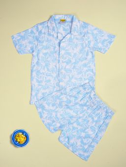 Be Awara - Boys Hibiscus Print Powder Blue Hawaiian Shirt & Shorts
