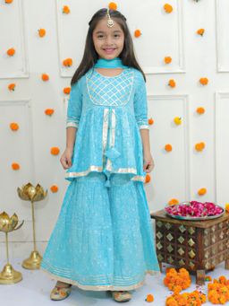 Ka-mee - Cotton Woven Kurti and Sharara With Dupatta - Blue