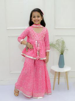 Ka-mee - Cotton Woven Kurti and Sharara With Dupatta - Pink