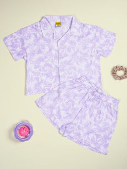 Be Awara - Girls Hibiscus Print Lilac Drop Shoulder Shirt & Shorts