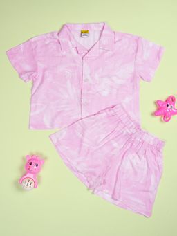 Be Awara - Girls Leaves Print Pink Drop Shoulder Shirt & Shorts