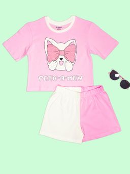 Be Awara - Girls Peek a Mew Glitter Print Oversized T-shirt & Shorts