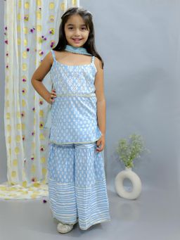 Ka-mee - Cotton Woven Kurti and Sharara With Dupatta - Blue