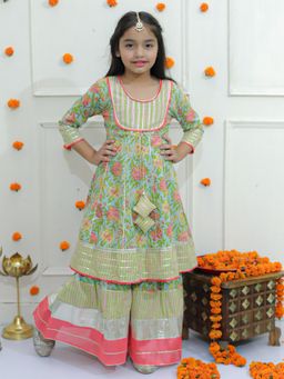 Ka-mee - Cotton Woven Anarkali and Sharara - Green
