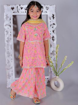 Ka-mee - Cotton Woven Kurti and Sharara With Dupatta - Pink