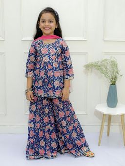 Ka-mee - Cotton Woven Kurti and Sharara With Dupatta - Navy Blue