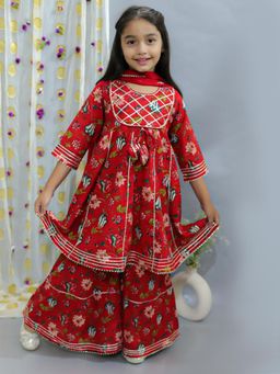 Ka-mee - Cotton Woven Kurti and Sharara With Dupatta - Red