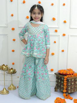 Ka-mee - Cotton Woven Kurti and Sharara With Dupatta - Green