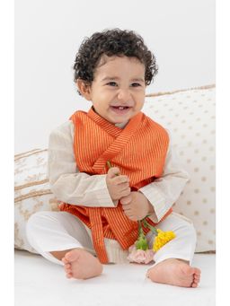 TIBER TABER - Baby Boy Stripes Lurex Kurta with Pyjama and Jacket Bundi Orange