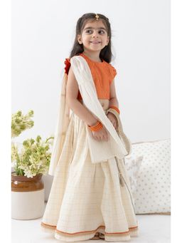 TIBER TABER - Girl Stripes Lurex Lehenga with Blouse and Dupatta-Orange
