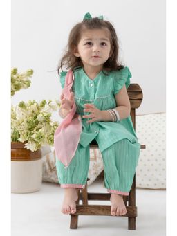 TIBER TABER - Girl Stripes Lurex Kurti and Salwar with Dupatta -Green