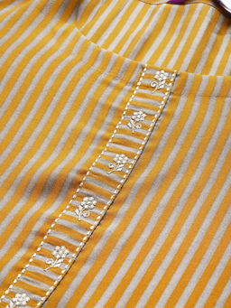Libas - Yellow Chanderi Silk Striped Printed Kurta With One Side Pocket