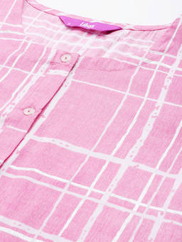 Libas - Pink Viscose Rayon Checkered Printed Straight Kurta With Button Detail