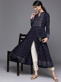 Libas - Navy Blue Viscose Rayon Yoke Design Flared And Front Slit Kurta