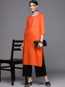 Libas - Orange Viscose Rayon Embroidered And Mirror Work On Yoke Straight Kurta