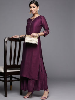 Libas - Purple Silk Blend Solid Straight And Embroidered Details Sleeves Kurta