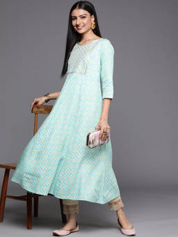 Libas - Blue Viscose Rayon Printed A-Line And Yoke Design Kurta