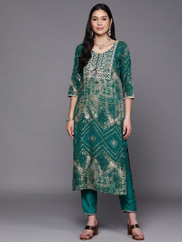 Libas - Green Viscose Rayon All-Over Yoke Design Tassel Details Straight Kurta