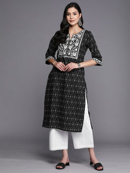 Libas - Black Cotton Embroidered Yoke Design Bandhani Printed Straight Kurta