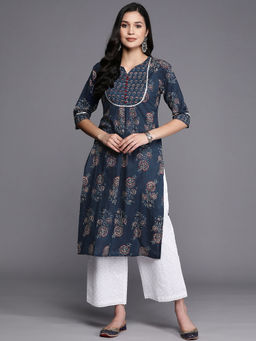 Libas - Blue Cotton Gotta Patti And Gathered Detail Floral Printed Straight Kurta