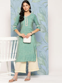 Libas - Green Silk Blend Sequins And Zari Detail Bandhani Printed Straight Kurta