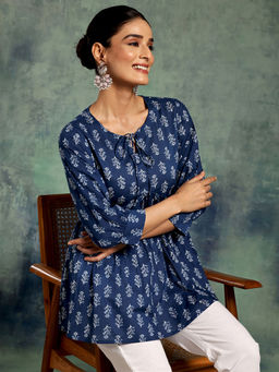 Libas - Indigo Cotton Floral Printed A-Line Tunic